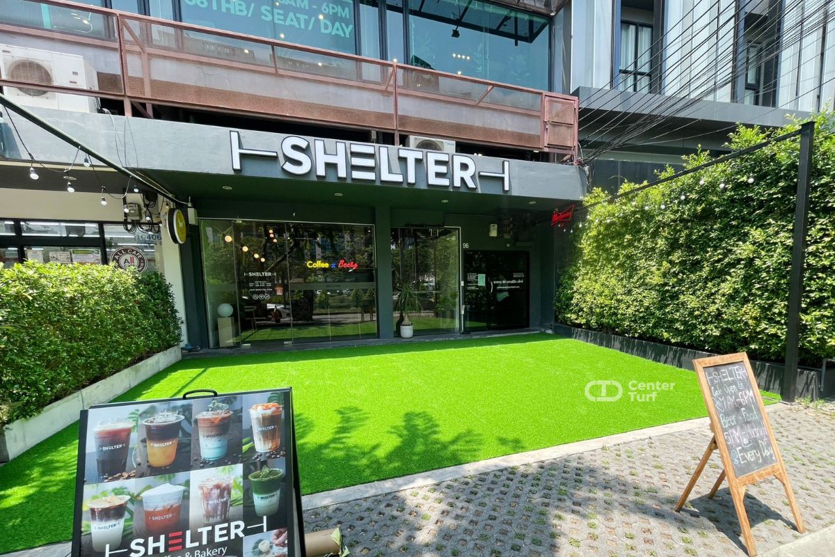 งานตกแต่งร้านอาหารและร้านกาแฟด้วยหญ้าเทียม @ร้าน Shelter